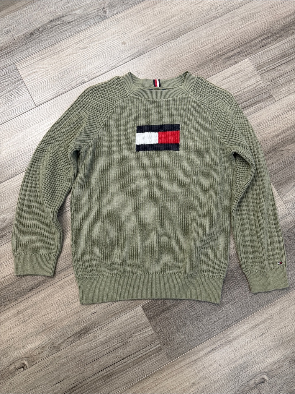Tommy Hilfiger Olive Crewneck Ribbed Knit Sweater with Flag Logo